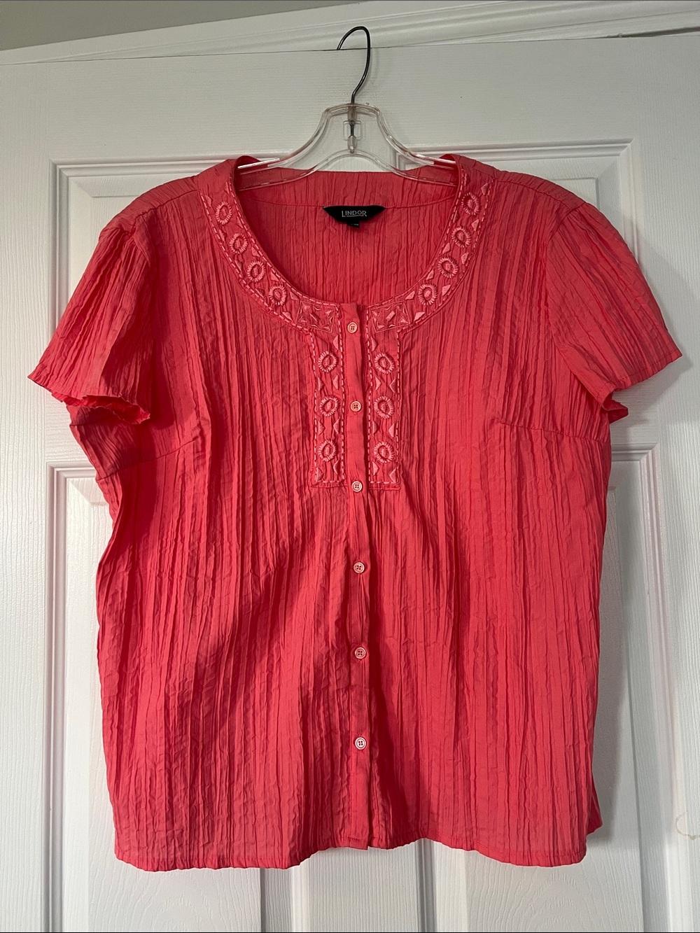 Coral Button-Front Short Sleeve Blouse
